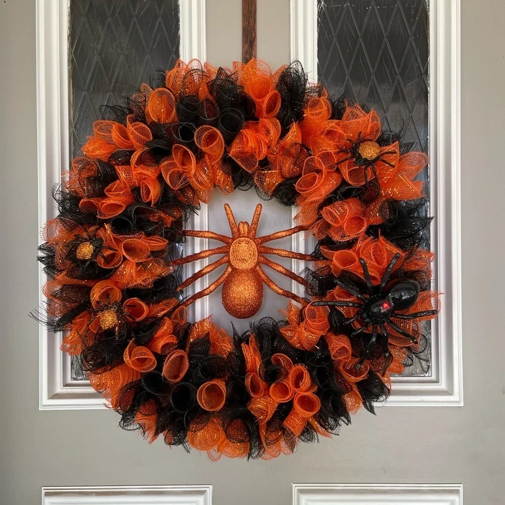 16” HALLOWEEN WREATH IN BLACK AND ORANGE WITH SPIDERS, ONE WITH FLASHING LIGHTS